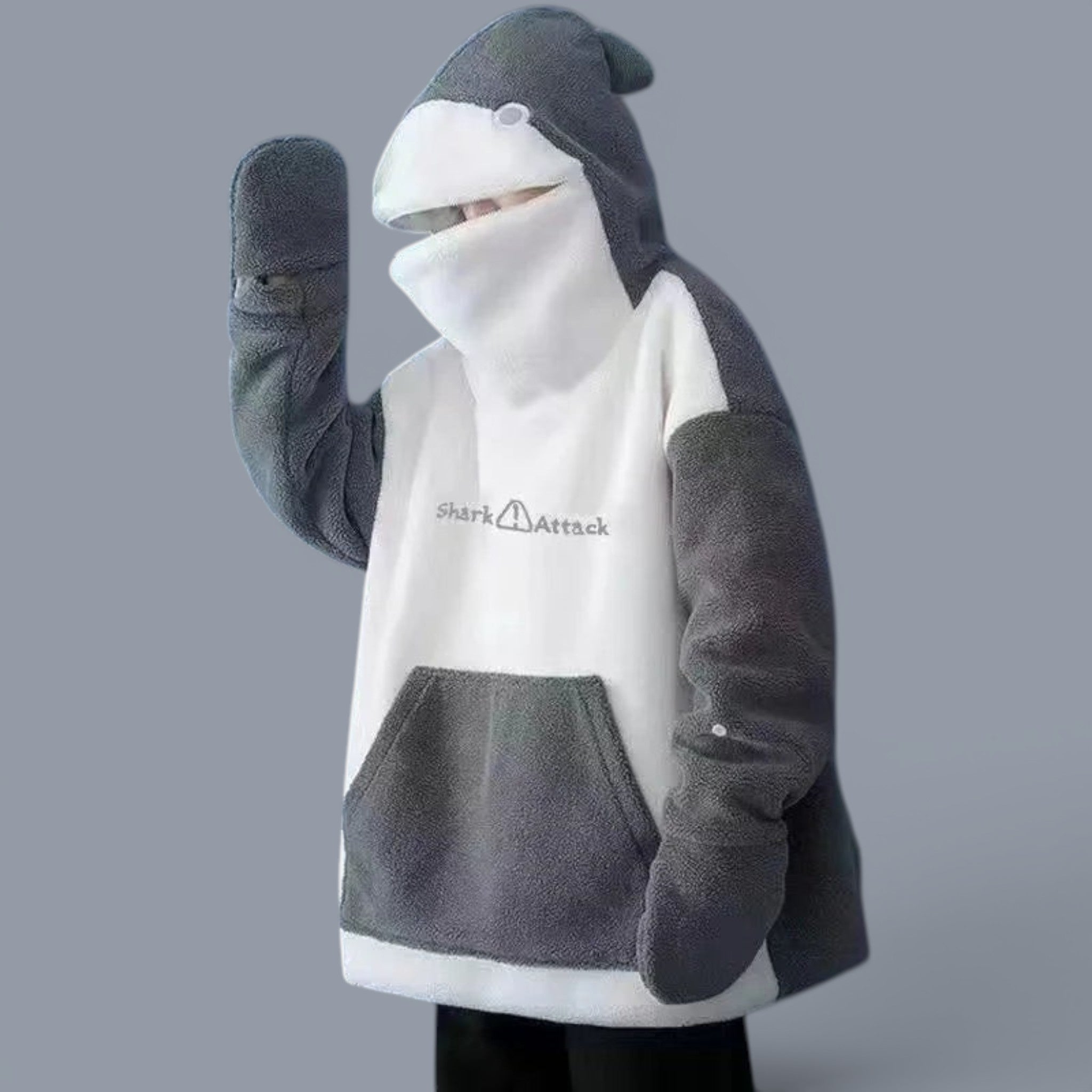 Cozy kawaii shark japanese hoodies for couples in gray and white with shark design and mittens