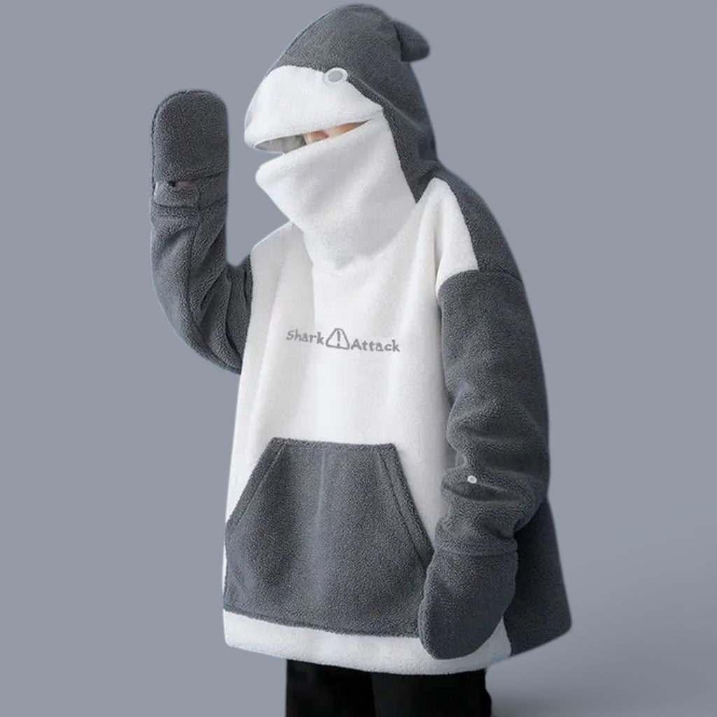 Kawaii shark japanese hoodies for couples in gray and white with shark face hood and cozy mittens