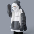 Kawaii shark japanese hoodies for couples in gray and white with shark face hood and cozy mittens