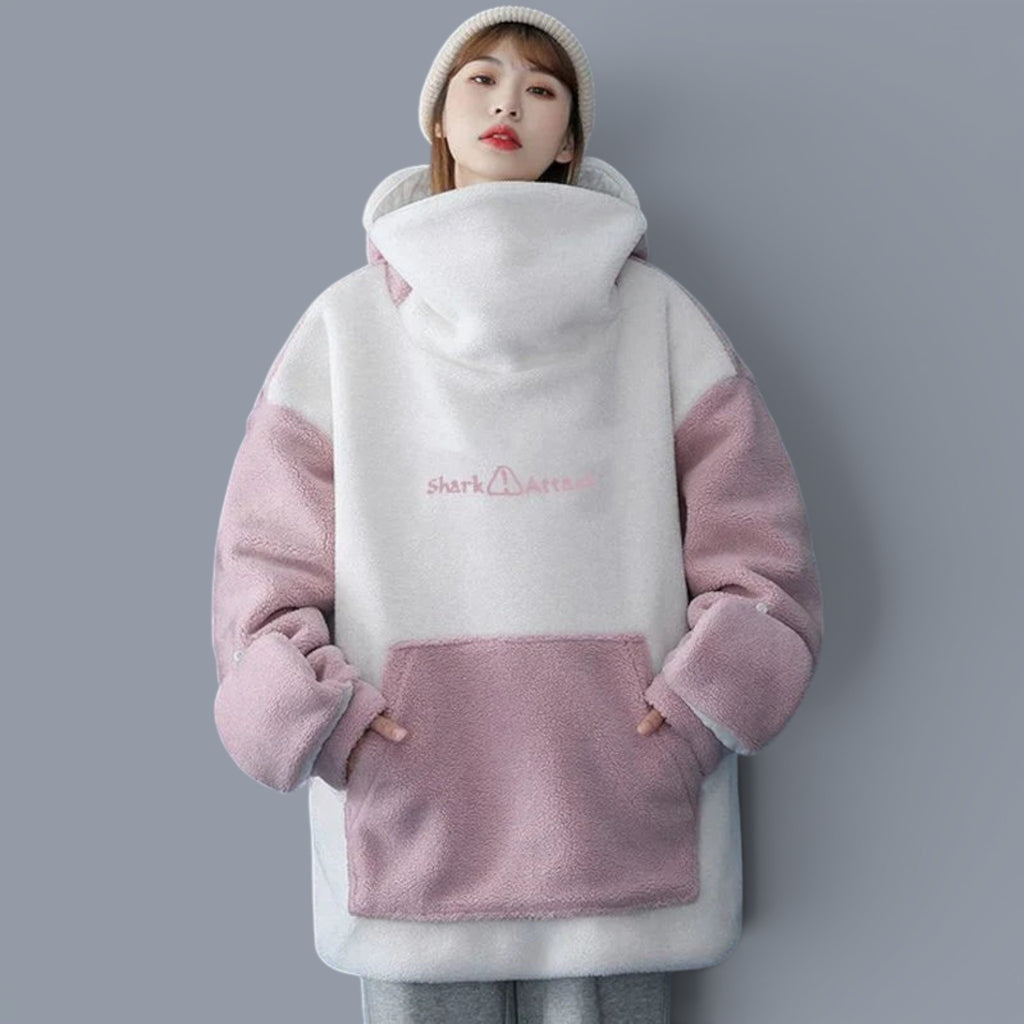 Kawaii shark japanese hoodies for couples in white and pink with cozy oversized design