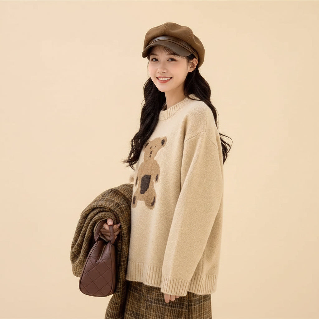 Woman wearing kawaii style bear sweater for women in beige with oversized fit and cozy knit design