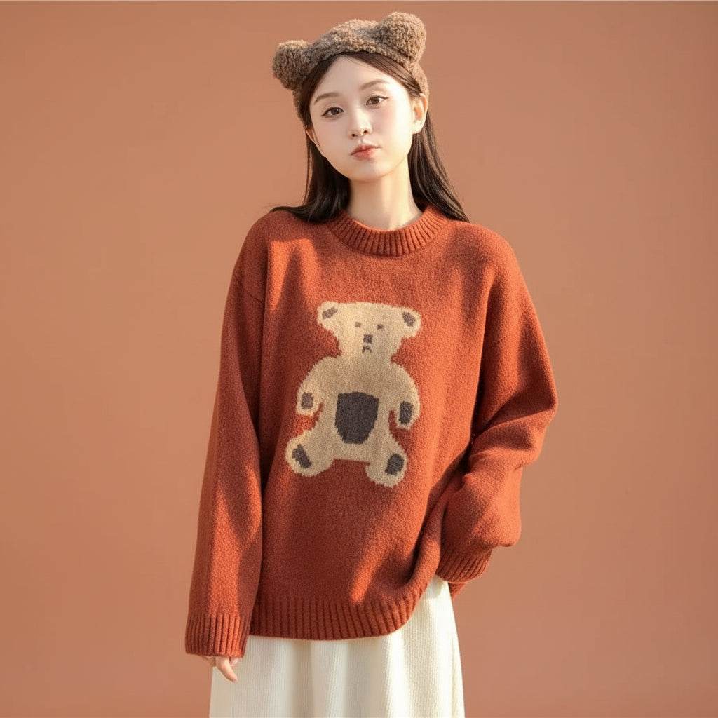 Woman wearing a kawaii style bear sweater for women in rust orange with a cute bear design