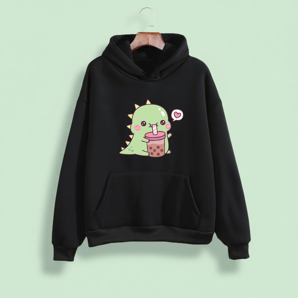 Black kawaii unisex dinosaur hoodie with cute green dinosaur drinking bubble tea on front