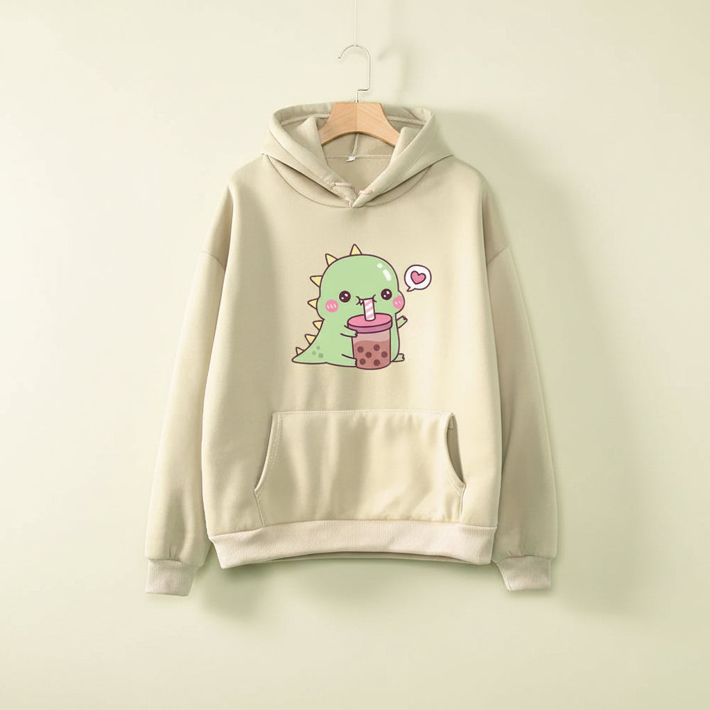 Beige kawaii unisex dinosaur hoodie with cute green dinosaur drinking bubble tea graphic