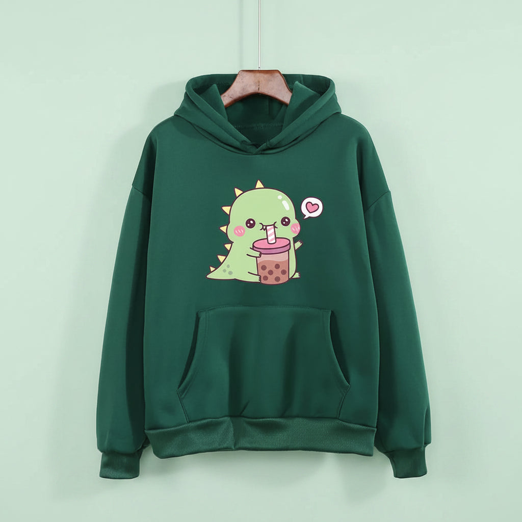 Green kawaii unisex dinosaur hoodie with cute dinosaur drinking bubble tea graphic