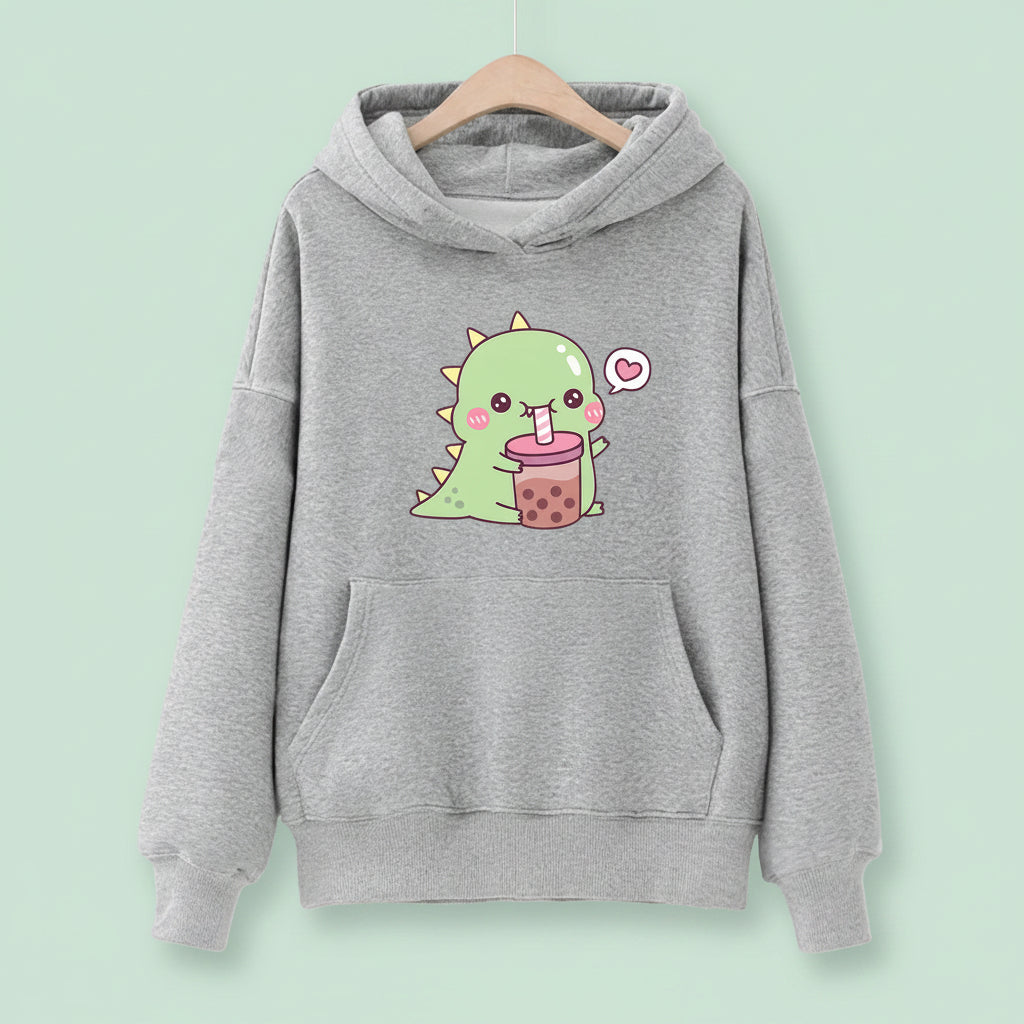 Gray kawaii unisex dinosaur hoodie with cute green dinosaur sipping bubble tea graphic