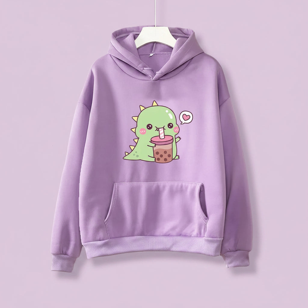 Purple kawaii unisex dinosaur hoodie with a cute green dinosaur sipping bubble tea graphic