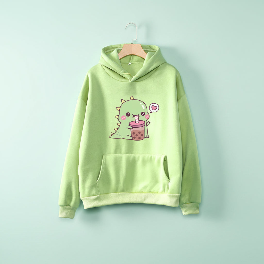 Light green kawaii unisex dinosaur hoodie with cute dinosaur drinking bubble tea graphic