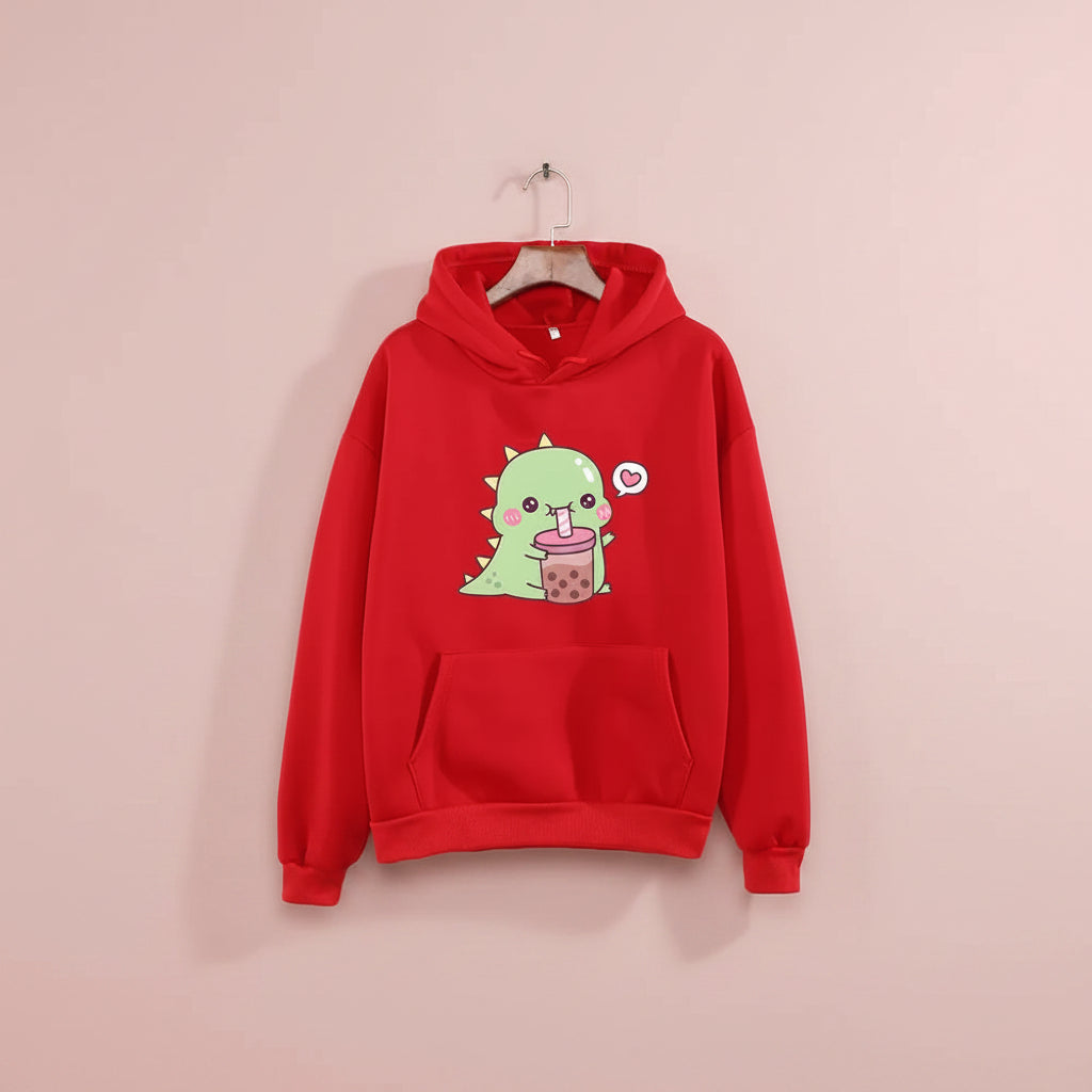 Red kawaii unisex dinosaur hoodie with green cartoon dinosaur drinking bubble tea