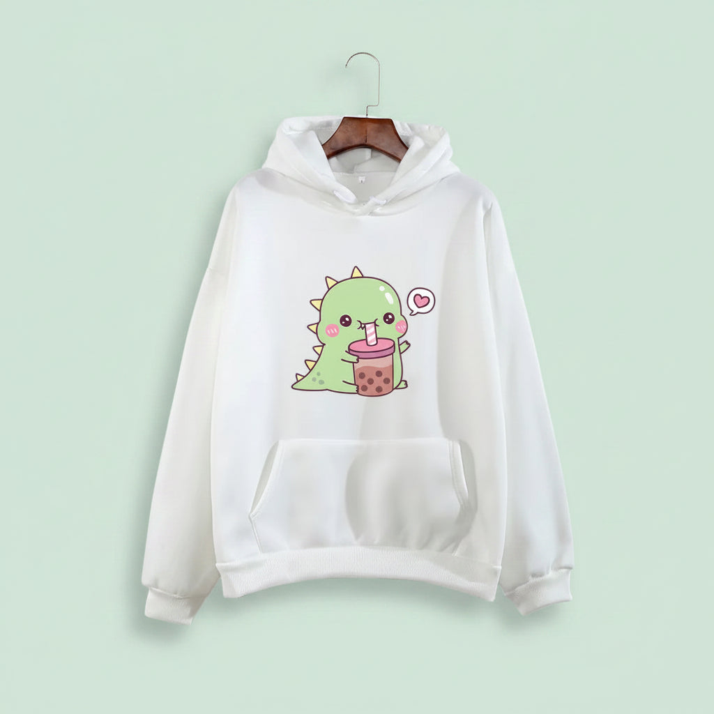 White kawaii unisex dinosaur hoodie with cute green dinosaur drinking bubble tea graphic