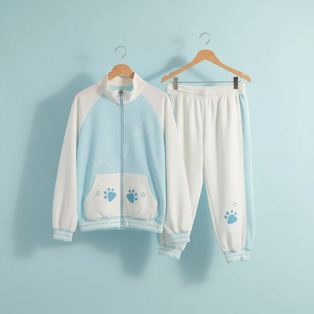 Japanese cartoon hoodie and pants set in white and light blue with paw print and heart designs