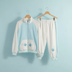 Japanese cartoon hoodie and pants set in white and light blue with paw print and heart designs