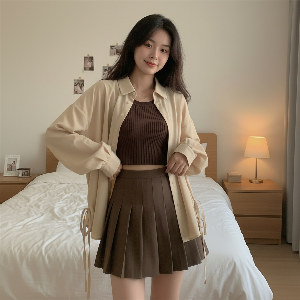 Khaki beige blouse brown knit top and pleated skirt bedroom lifestyle photo