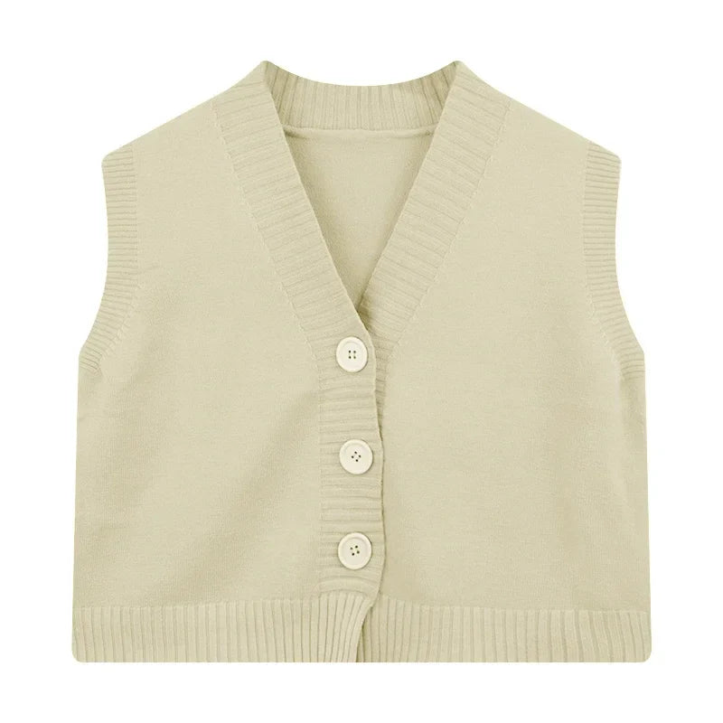 Vusy Kawai Shop Korean fashion crop knit top in light beige with stylish button details