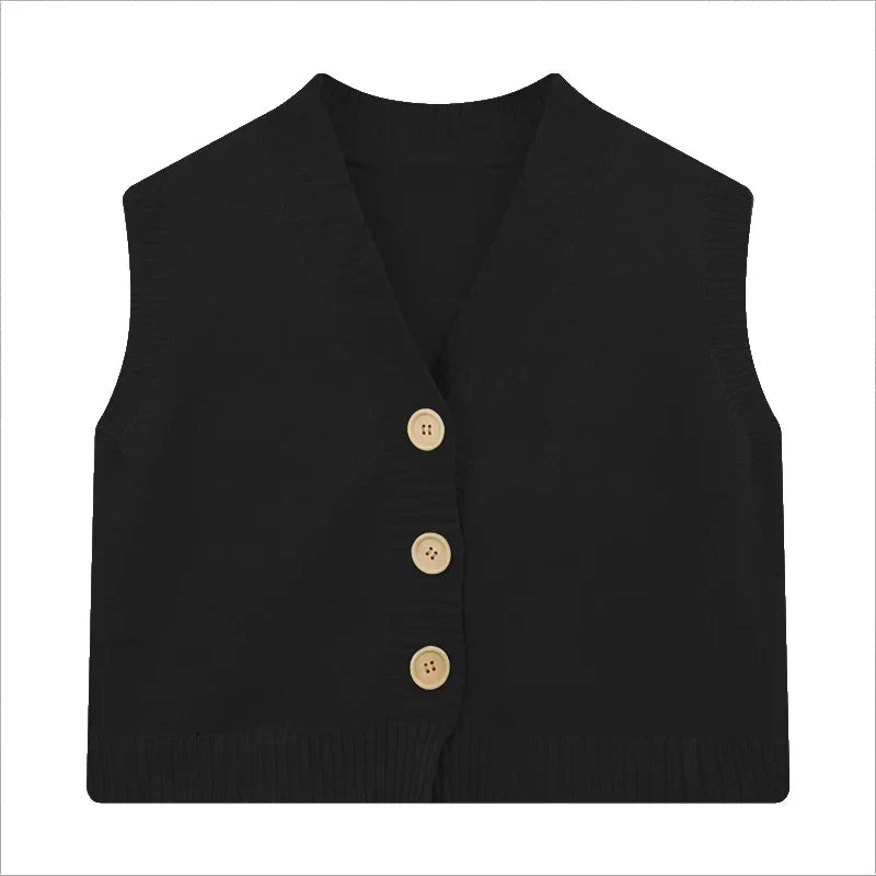 Black Korean fashion crop knit top with three stylish buttons for a chic look