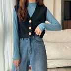 Korean fashion crop knit top in navy paired with light blue long sleeves and high-waisted jeans