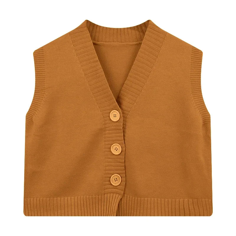 Vusy Kawai Shop Korean fashion crop knit top in brown with button closure and ribbed edges
