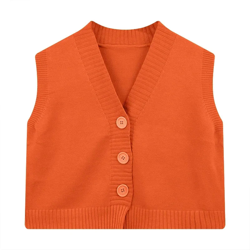 Vusy Kawai Shop Korean fashion crop knit top in bright orange with button closure design