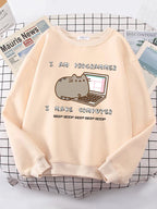 Korean funny cat hoodie for women with cute cat and laptop programmer design in beige