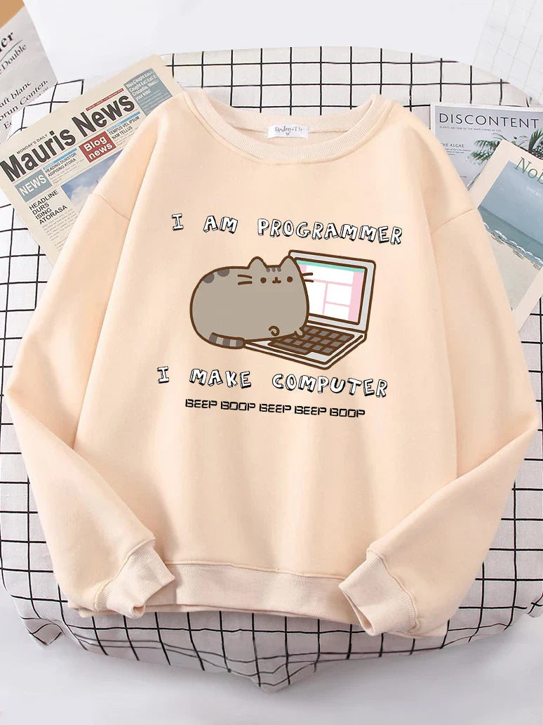 Korean funny cat hoodie for women with cute cat and laptop programmer design in beige