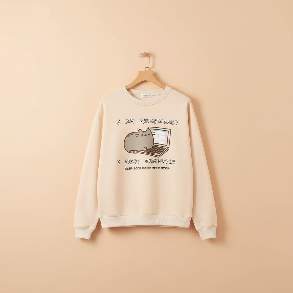 korean funny cat hoodie for women in beige with cartoon cat and programmer text