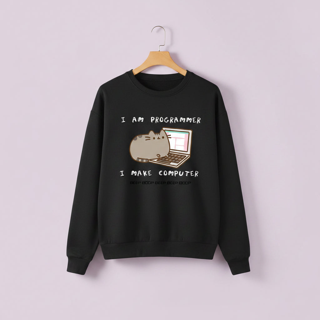 Black korean funny cat hoodie for women with cute cat and computer graphic and I am programmer text