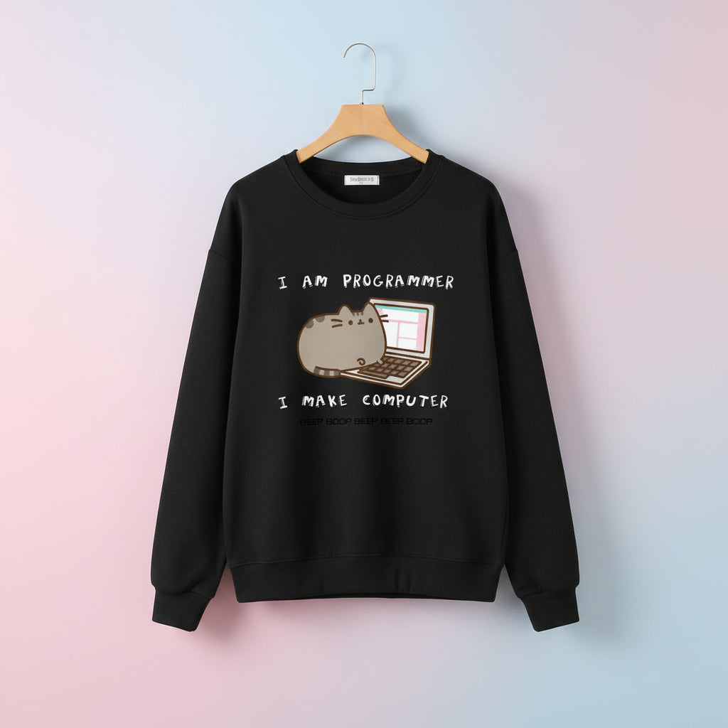Black korean funny cat hoodie for women with cartoon cat and laptop design and programming text