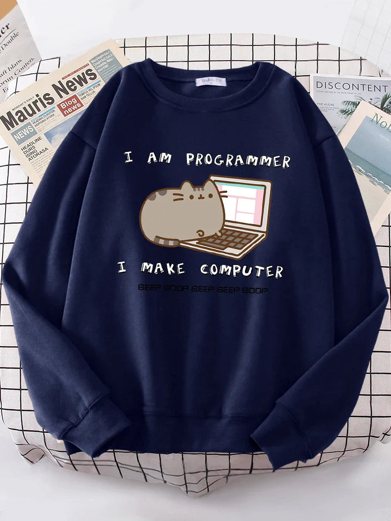 Navy Korean funny cat hoodie for women featuring a cute cat with a laptop and programmer text