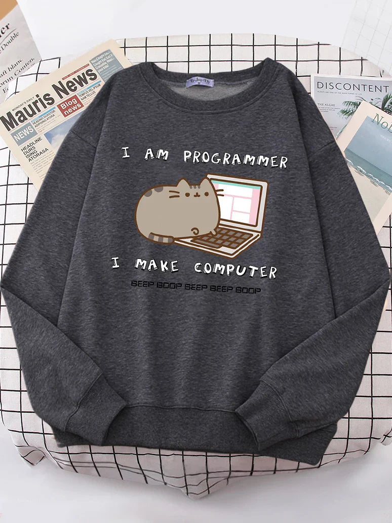 Gray korean funny cat hoodie for women with cute cat and computer programmer design