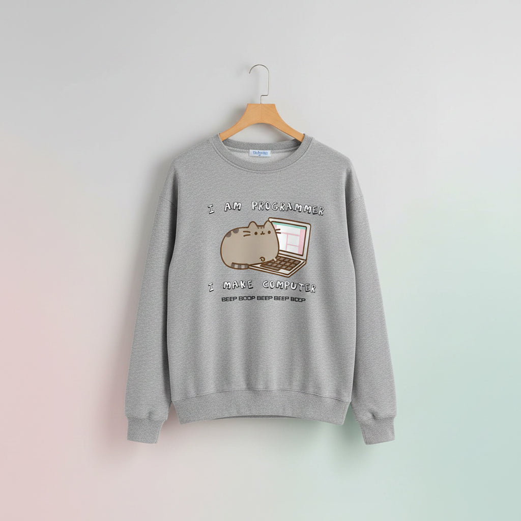 Gray korean funny cat hoodie for women with cute cat and laptop graphic and programmer text