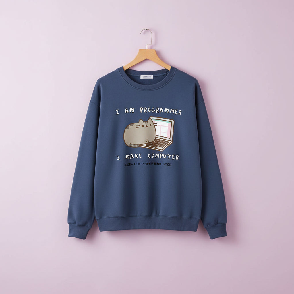 Blue korean funny cat hoodie for women featuring a programmer cat graphic with laptop design