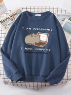 Navy blue korean funny cat hoodie for women with cute programmer-themed cat and laptop design