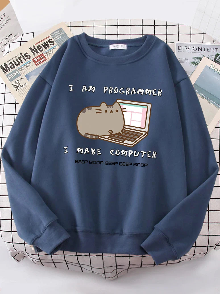 Navy blue korean funny cat hoodie for women with cute programmer-themed cat and laptop design