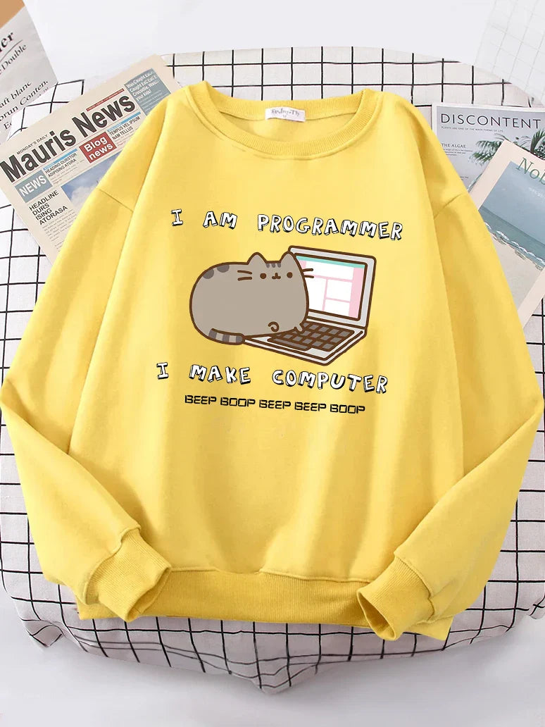 Yellow korean funny cat hoodie for women with cute cat and laptop graphic and programmer text