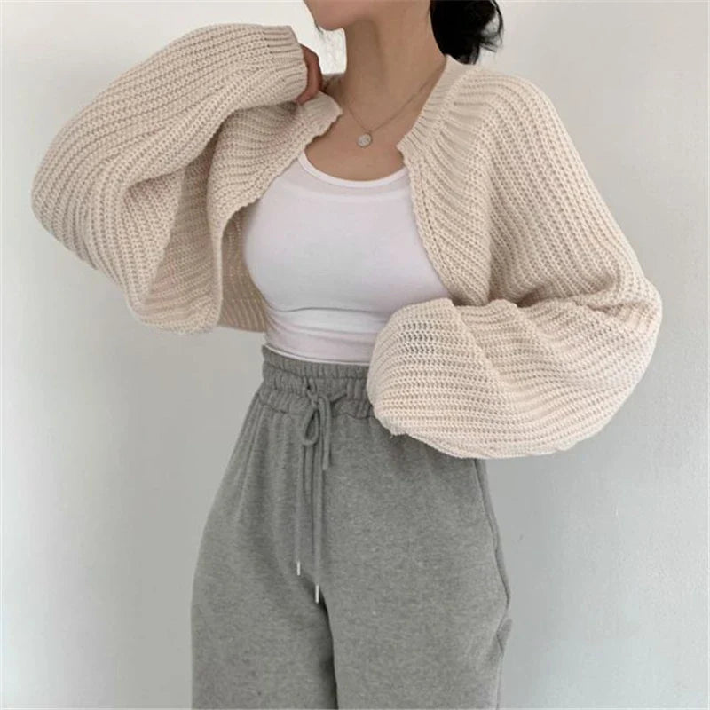 Beige Korean knitted short cardigan with balloon sleeves, perfect for casual layering