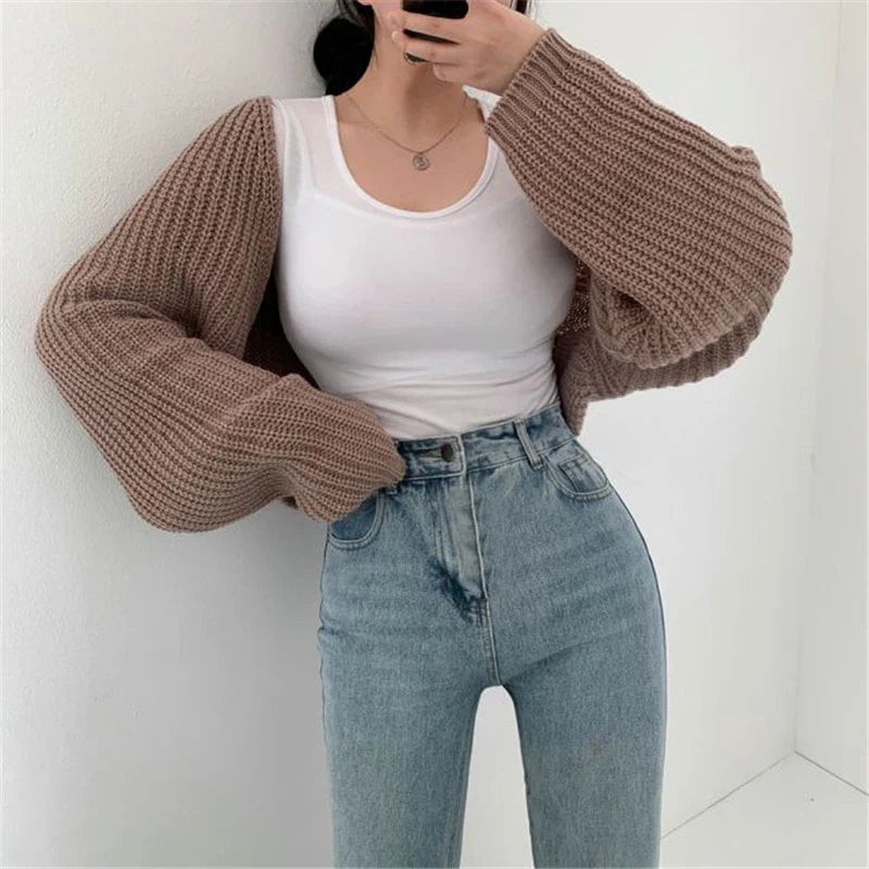 Korean knitted short cardigan in brown with oversized sleeves paired with a white tank top