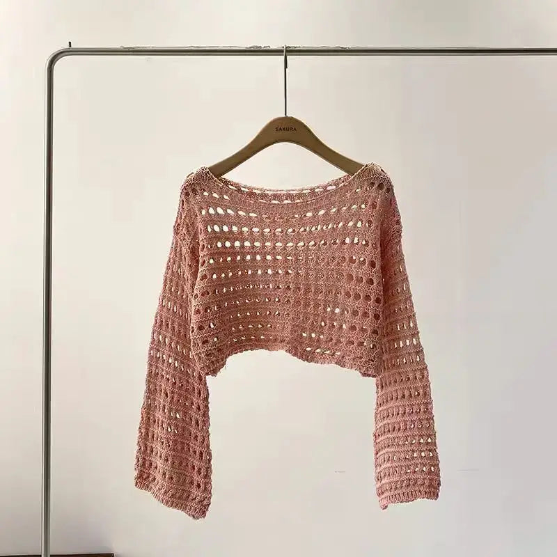 Trendy Vusy Kawai Shop Korean streetwear crochet top in soft pink color with open knit design