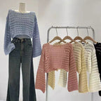 Vusy Kawai Shop Korean streetwear crochet top in blue, pink, cream, and black with a relaxed fit and open knit design