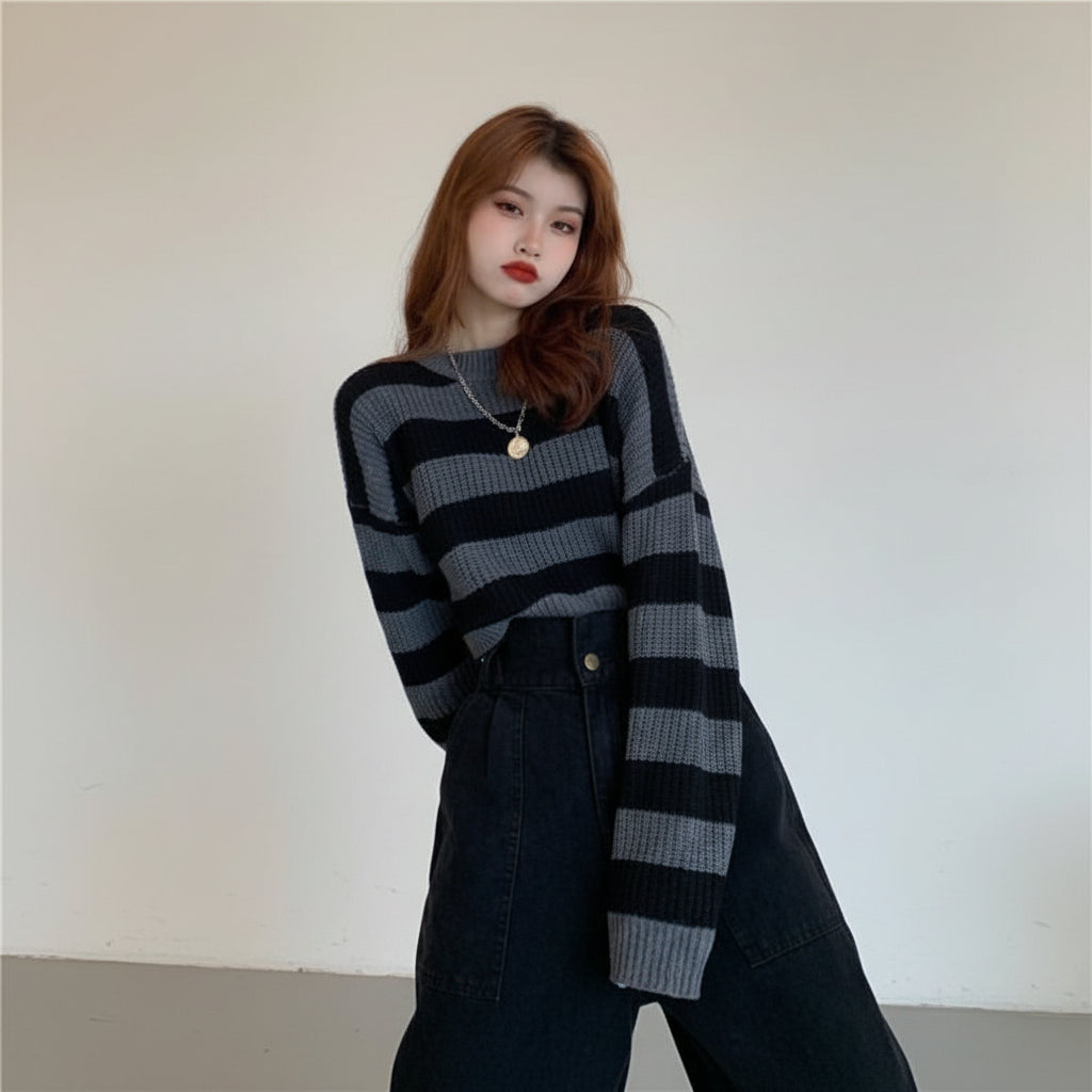Woman wearing a black and gray Korean striped knit sweater paired with high-waisted black pants indoors