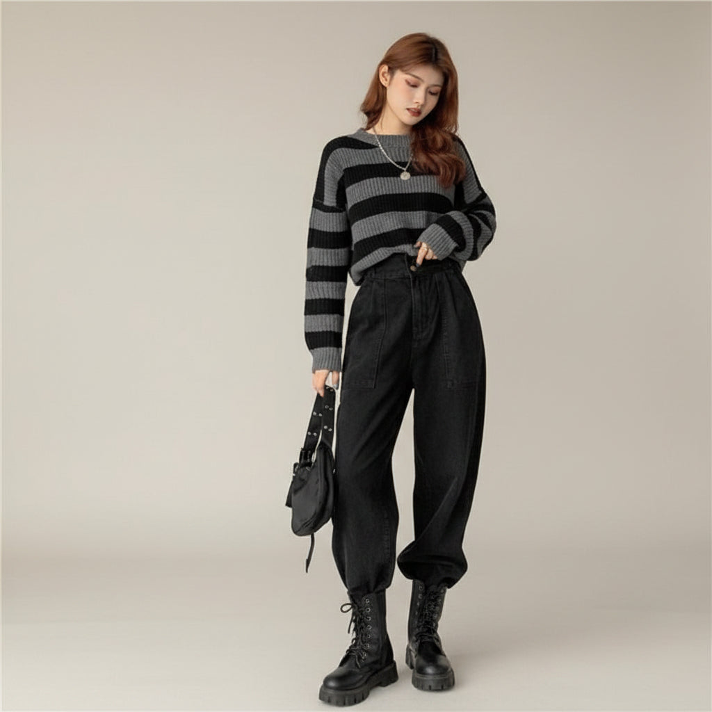 Woman wearing black and gray Korean striped knit sweater with high-waisted black pants and black boots