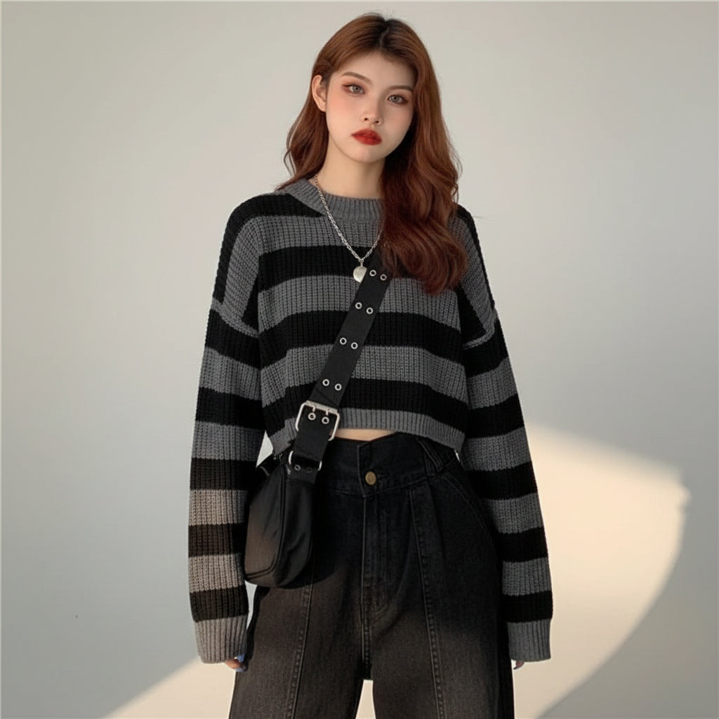 Young woman wearing a gray and black Korean striped knit sweater paired with high-waisted black pants and holding a black bag