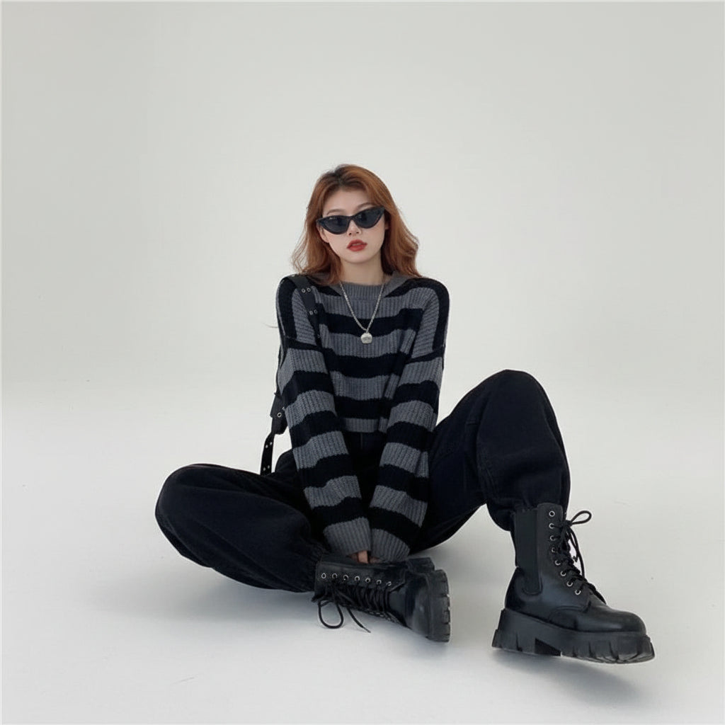 Woman wearing a Korean striped knit sweater in black and gray with black pants and boots sitting on the floor