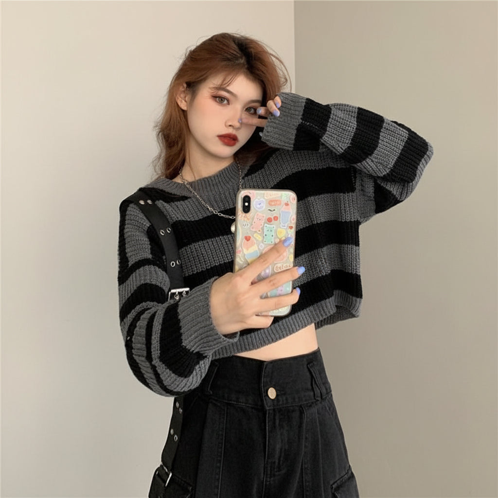 Young woman taking selfie wearing Korean striped knit sweater with black and gray wide stripes