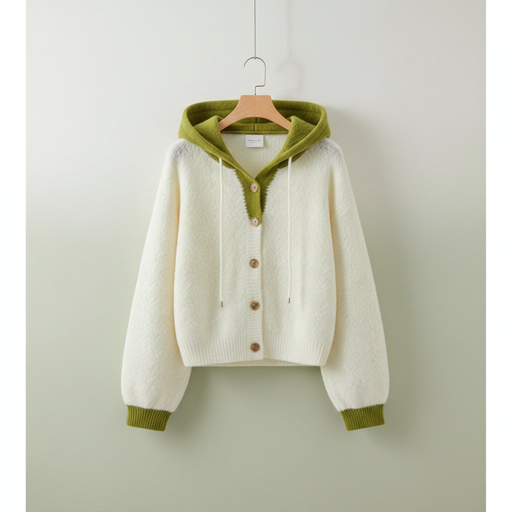 White and green korean style cardigan sweater with hood and button front laid on beige couch