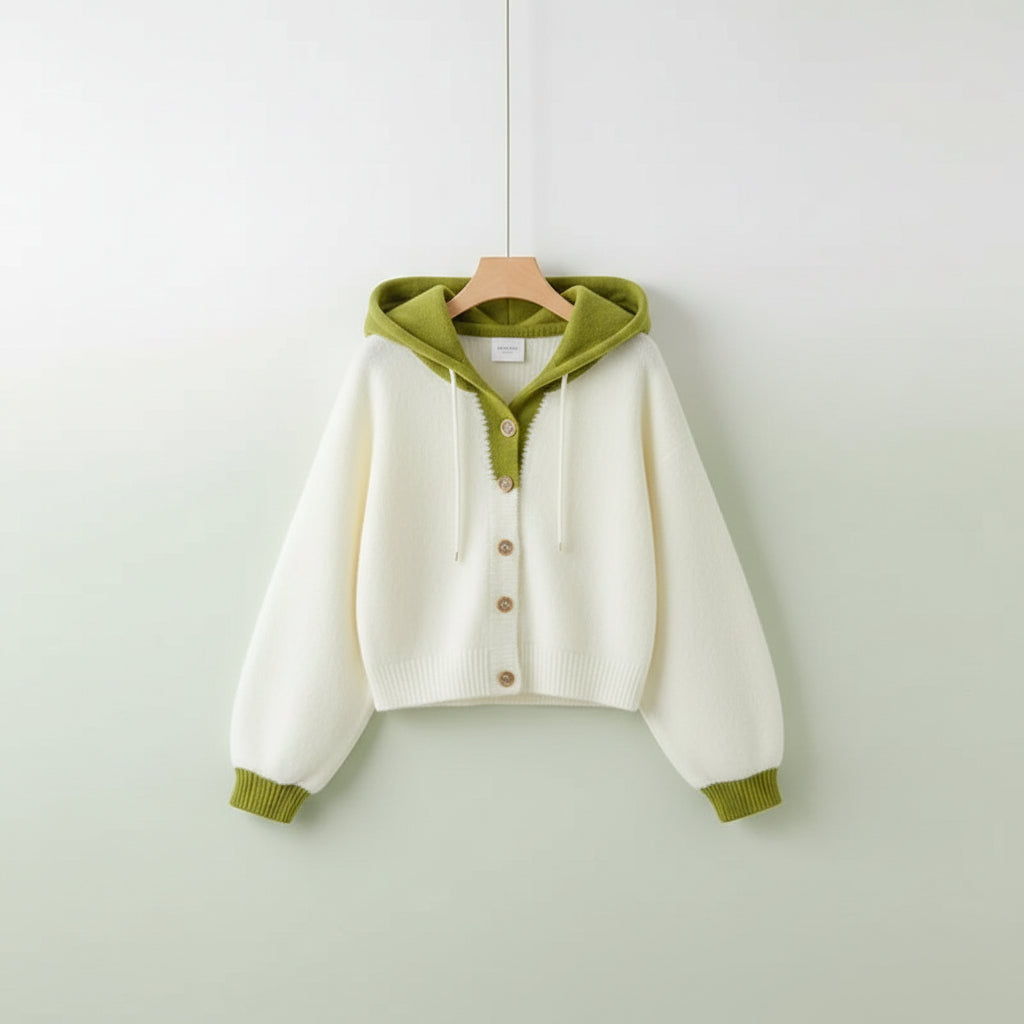 Korean style cardigan sweater with white body green hood and cuffs hanging on a hanger