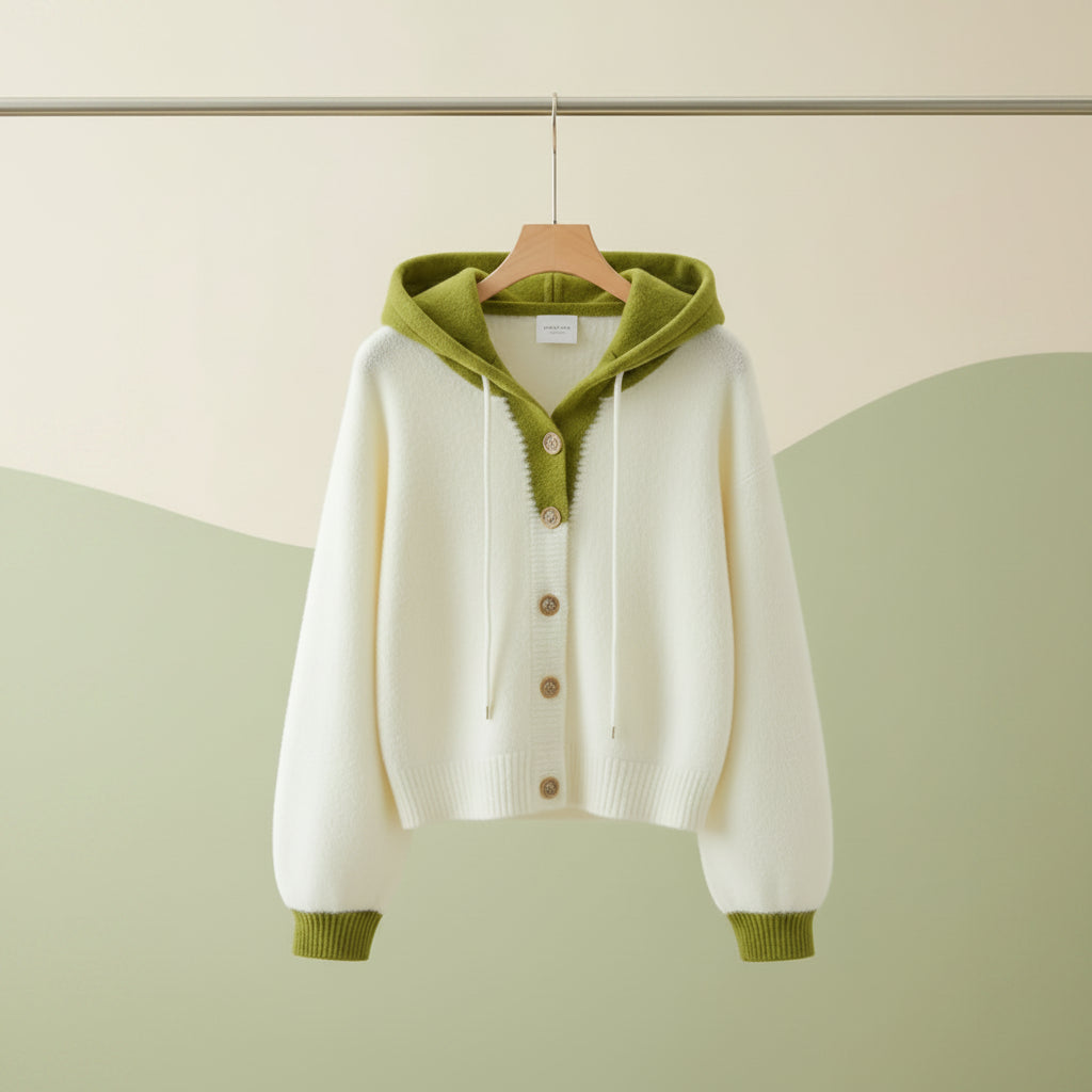 Korean style cardigan sweater in white with green hood and cuffs displayed on a beige couch