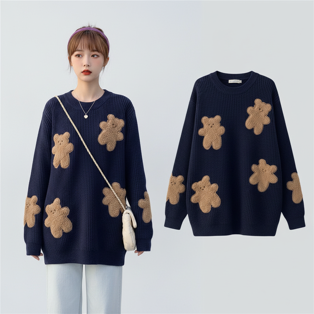 Pullover im koreanischen Stil mit lockerem Bärenmotiv