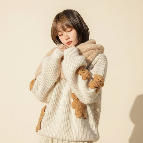Woman wearing a Korean style loose bear jumper with teddy bear patches and a plush collar outdoors