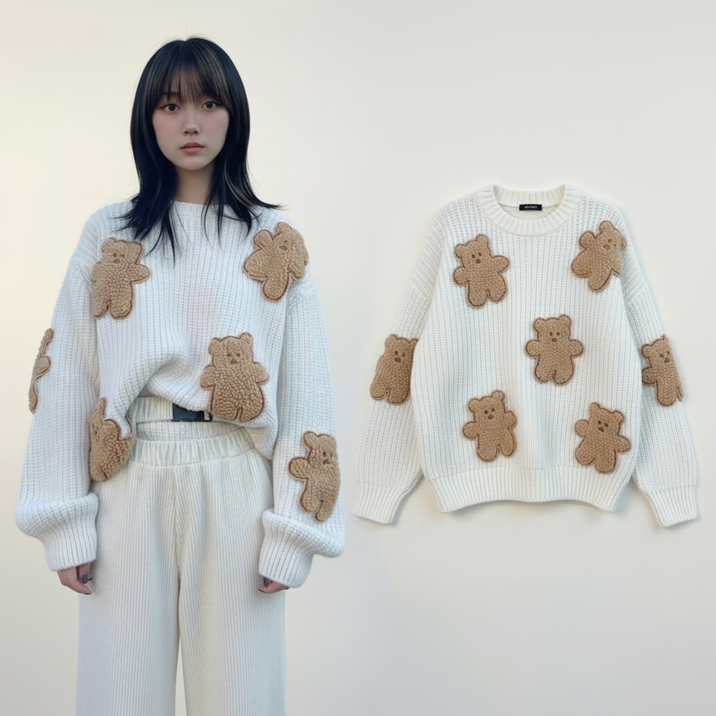Pullover im koreanischen Stil mit lockerem Bärenmotiv