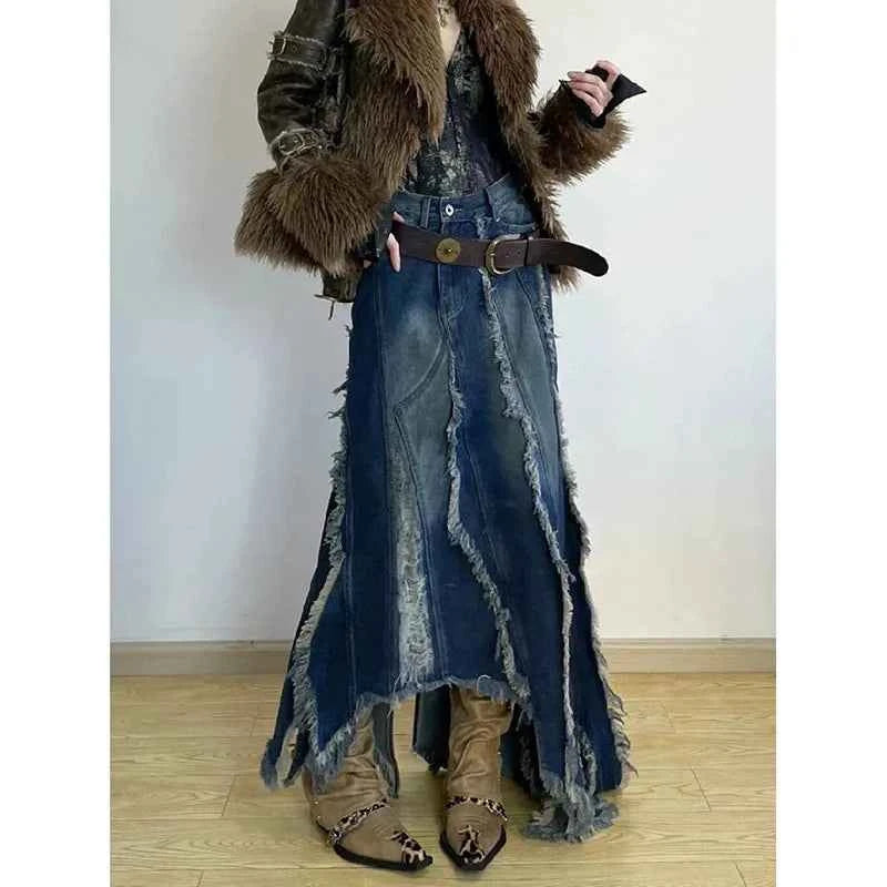 Vusy Kawai Korean Vintage Denim Long Skirt for Stylish Look